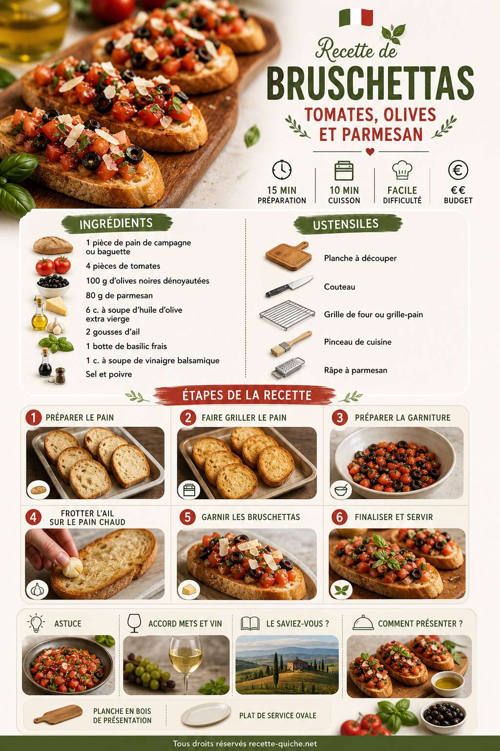 Fiche recette Recette de bruschettas tomates, olives et parmesan Fiche recette Recette de bruschettas tomates, olives et parmesan