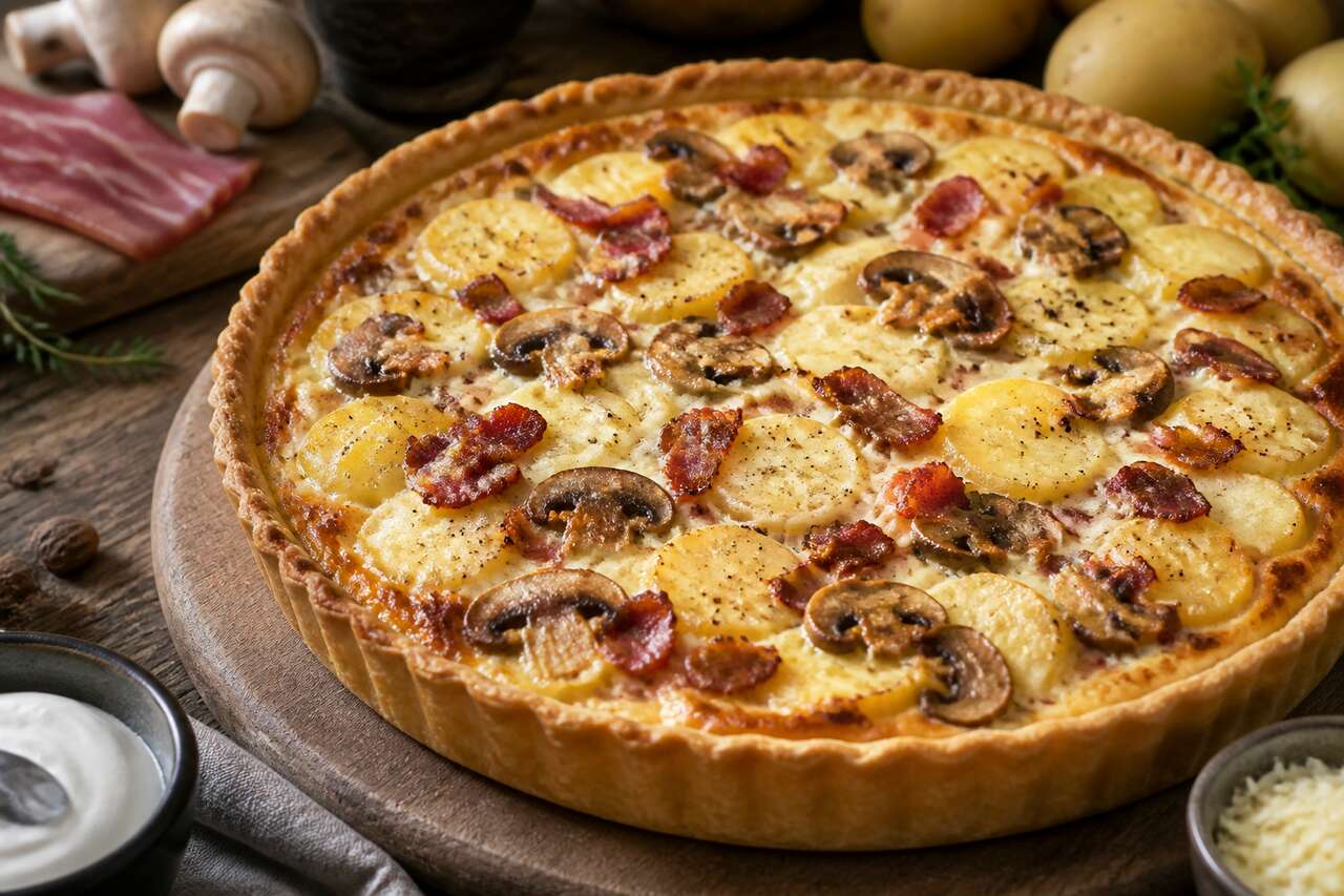 Recette de tarte aux pommes de terre, lardons et champignons