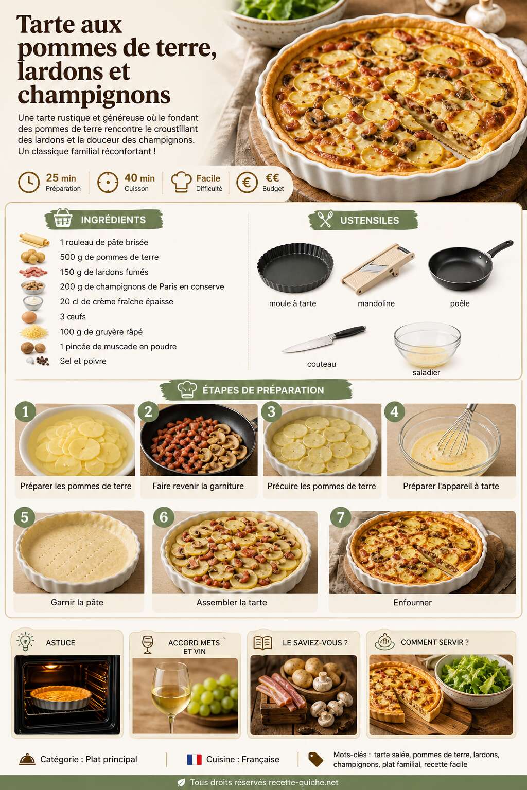 Fiche recette Recette de tarte aux pommes de terre, lardons et champignons Fiche recette Recette de tarte aux pommes de terre, lardons et champignons