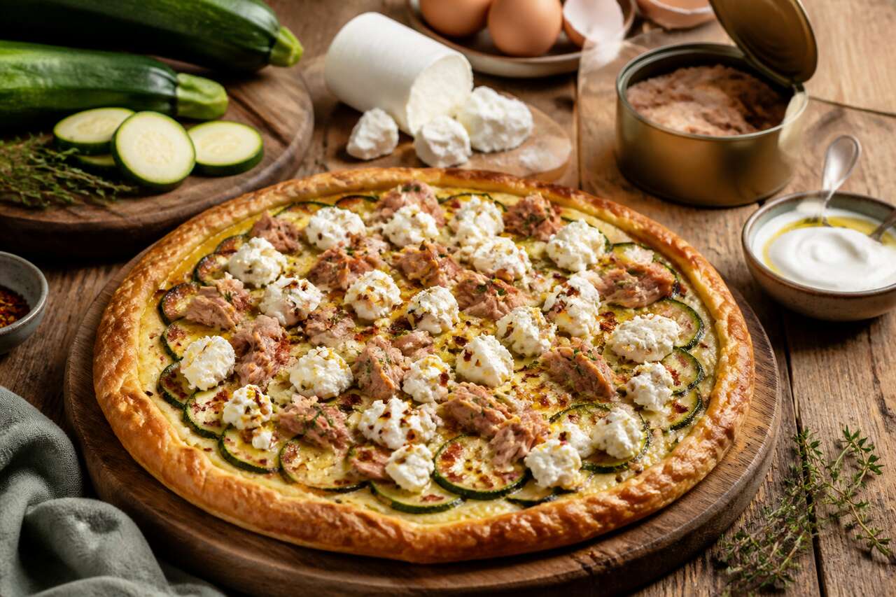 Tarte pimentée courgettes, thon et chèvre : recette savoureuse