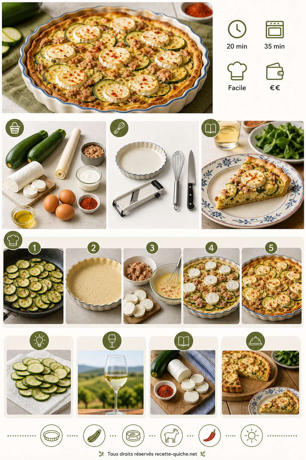 Fiche recette Tarte pimentée courgettes, thon et chèvre : recette savoureuse Fiche recette Tarte pimentée courgettes, thon et chèvre : recette savoureuse