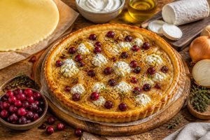 Tarte facile aux oignons, cranberries et chèvre frais