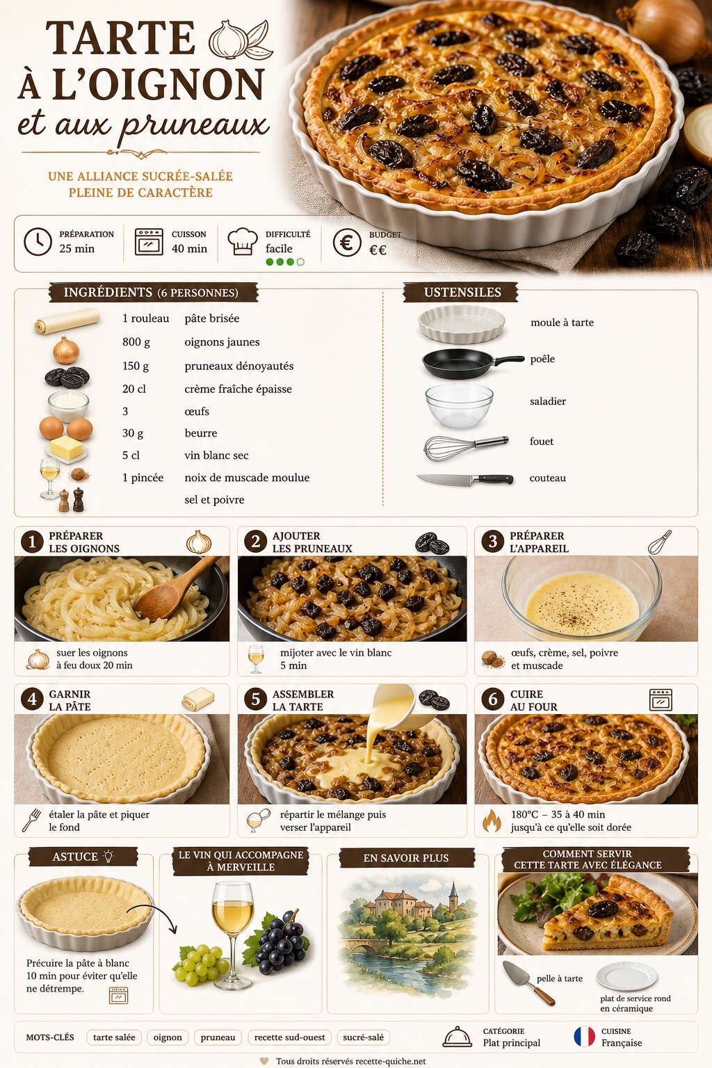 Fiche recette Tarte à l'oignon et aux pruneaux : recette gourmande Fiche recette Tarte à l'oignon et aux pruneaux : recette gourmande