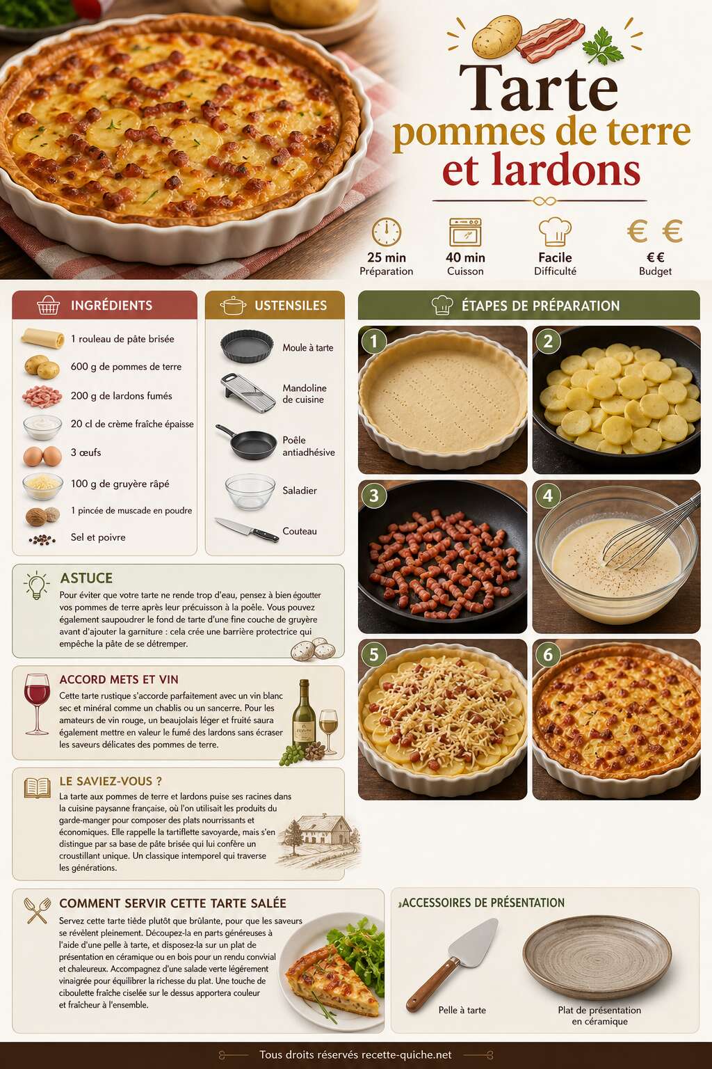 Fiche recette Recette délicieuse : tarte pommes de terre et lardons Fiche recette Recette délicieuse : tarte pommes de terre et lardons
