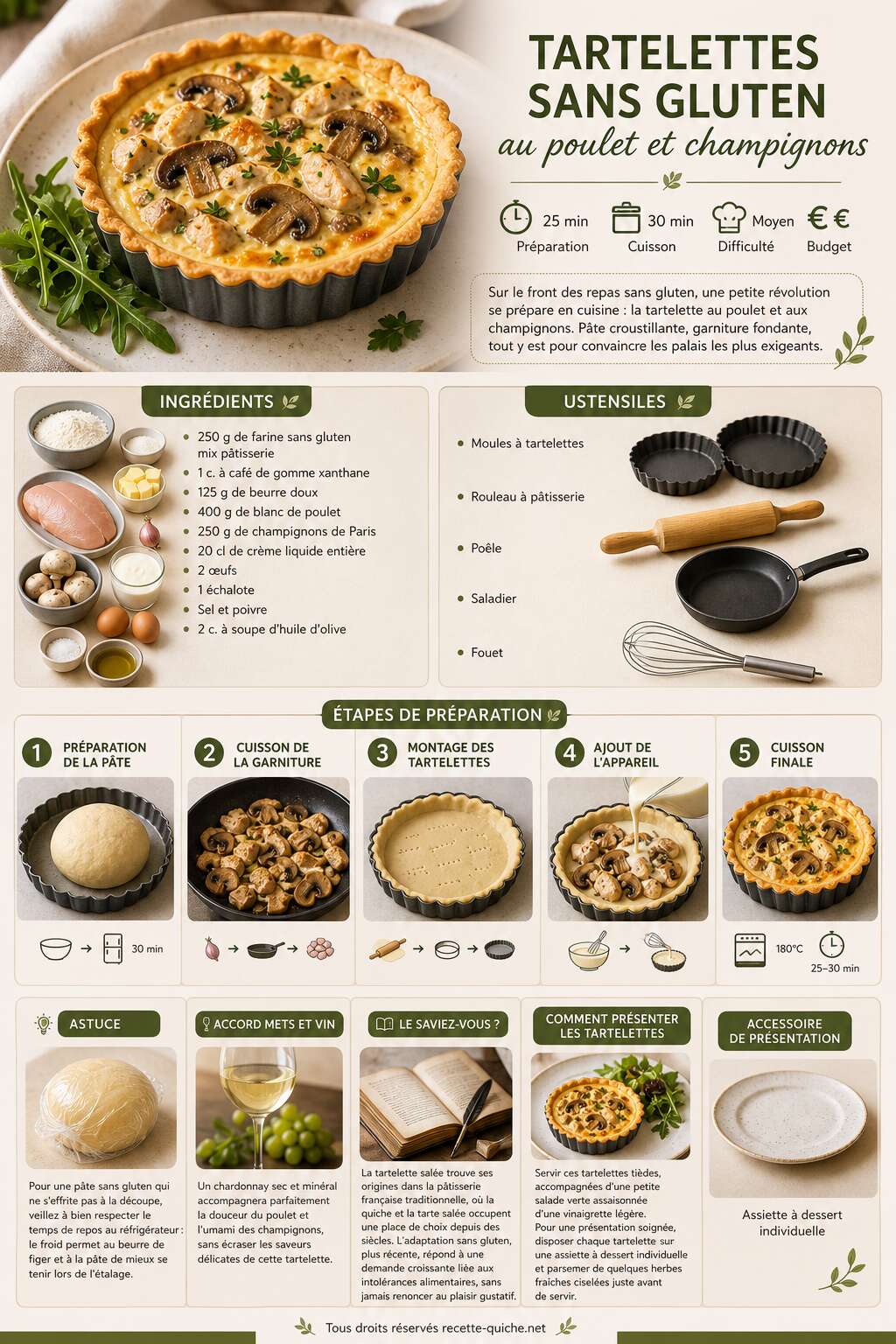 Fiche recette Tartelettes sans gluten au poulet et champignons Fiche recette Tartelettes sans gluten au poulet et champignons