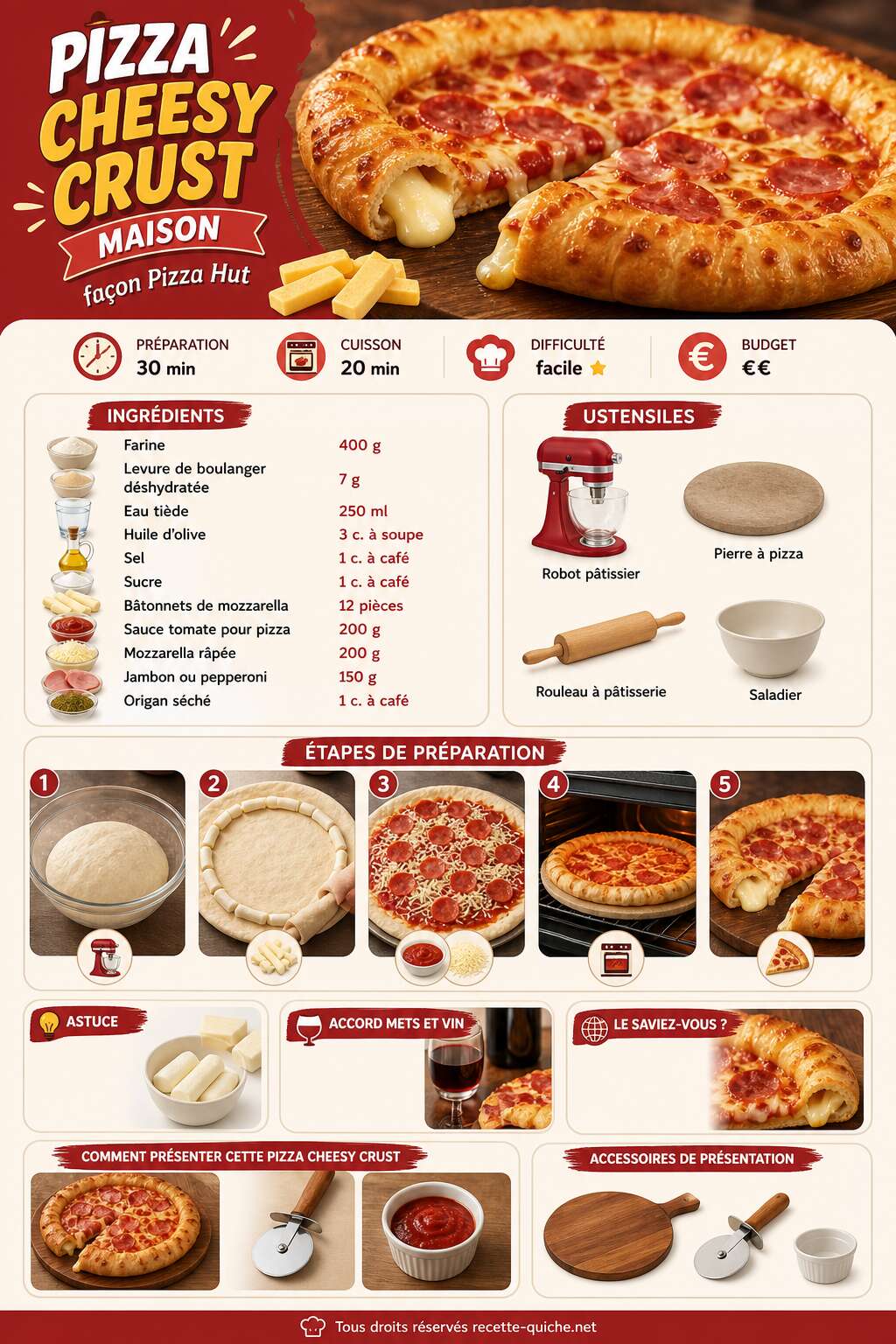 Fiche recette Pizza cheesy crust maison façon Pizza Hut : recette facile et délicieuse Fiche recette Pizza cheesy crust maison façon Pizza Hut : recette facile et délicieuse