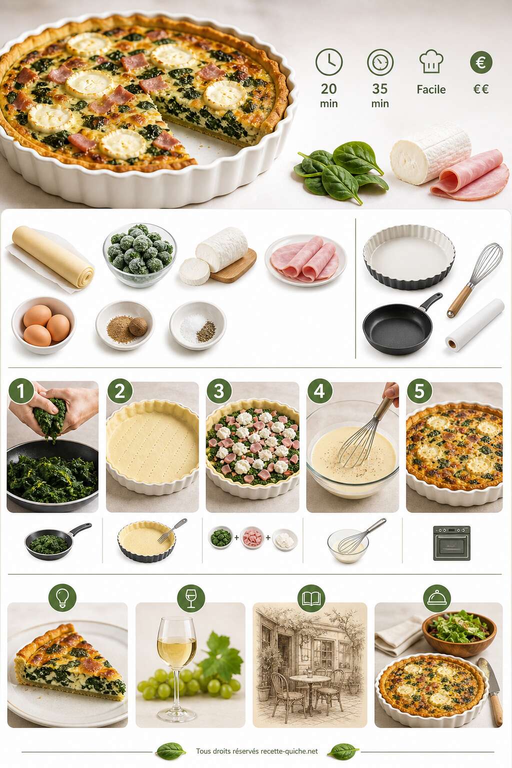 Fiche recette Tarte épinards, chèvre et jambon : recette savoureuse Fiche recette Tarte épinards, chèvre et jambon : recette savoureuse