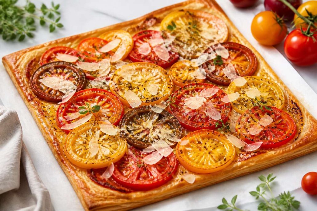 Tarte fine au Grana Padano et tomates multicolores : recette savoureuse