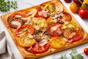 Tarte fine au Grana Padano et tomates multicolores : recette savoureuse