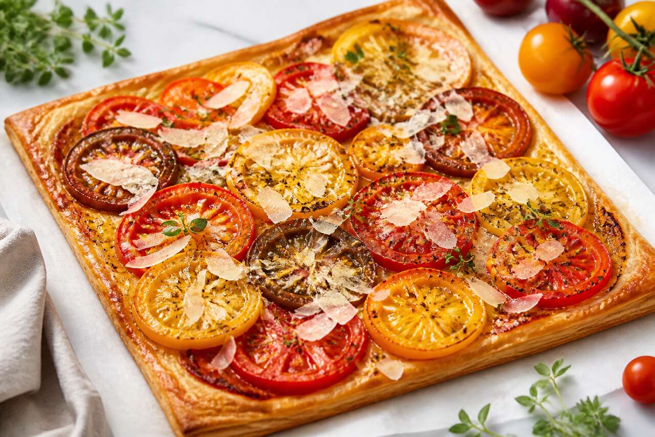 Tarte fine au Grana Padano et tomates multicolores : recette savoureuse