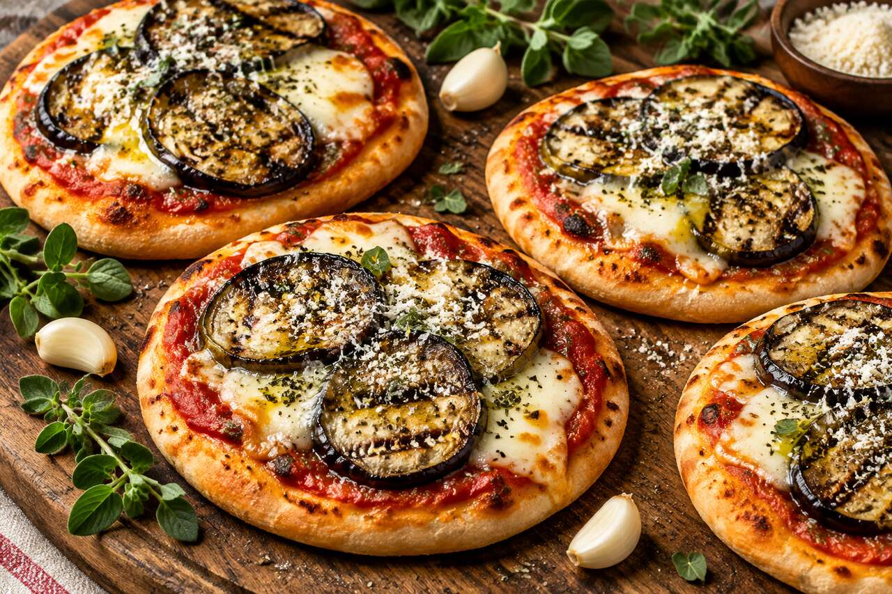 Mini-pizzas aubergines grillées et mozzarella : recette gourmande