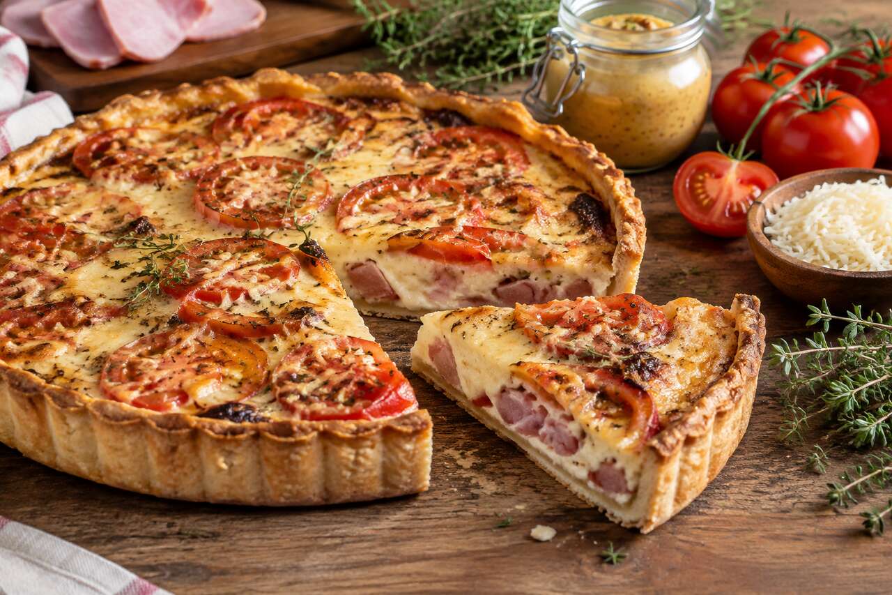 Tarte au jambon, tomate et moutarde : recette savoureuse