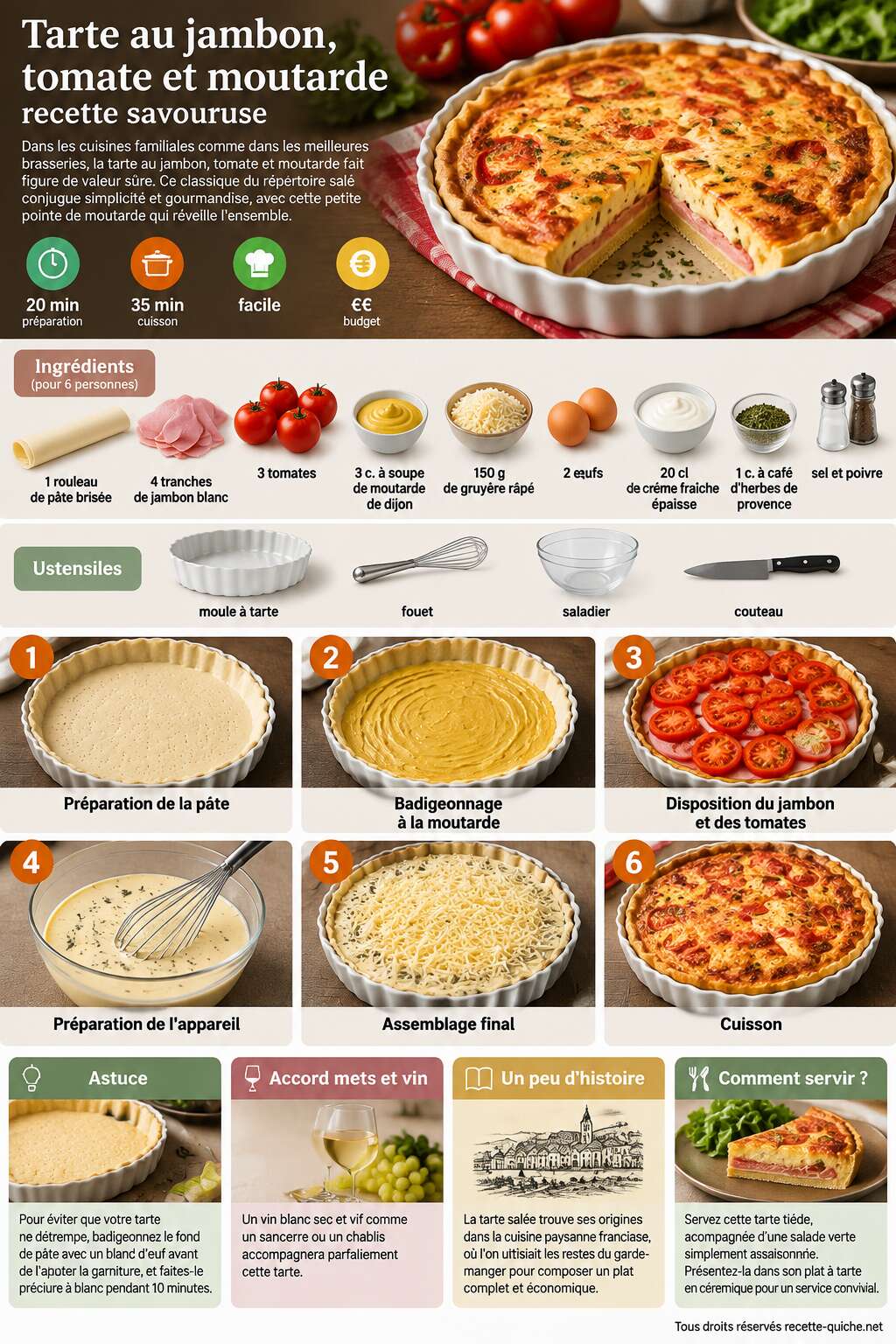 Fiche recette Tarte au jambon, tomate et moutarde : recette savoureuse Fiche recette Tarte au jambon, tomate et moutarde : recette savoureuse