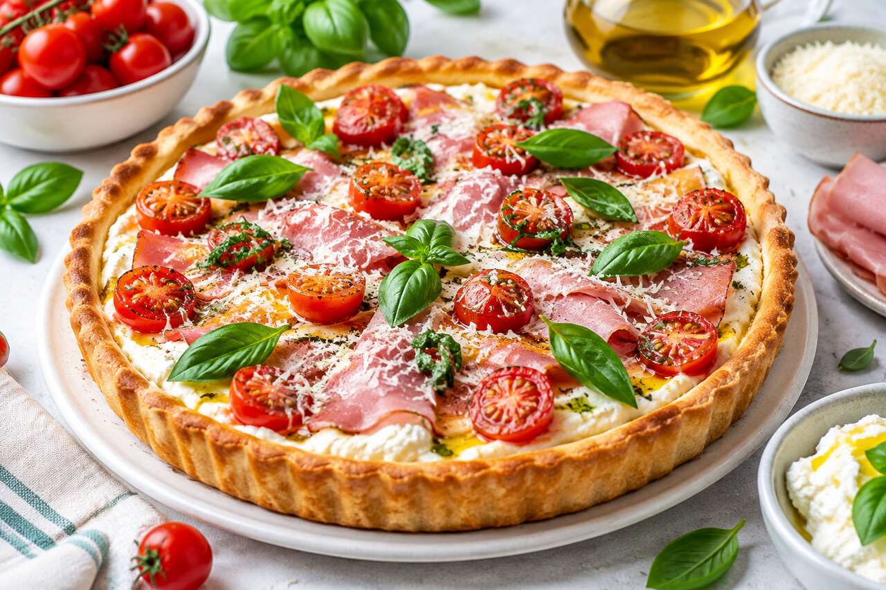 Tarte à la ricotta, jambon, tomates et basilic : recette savoureuse et facile