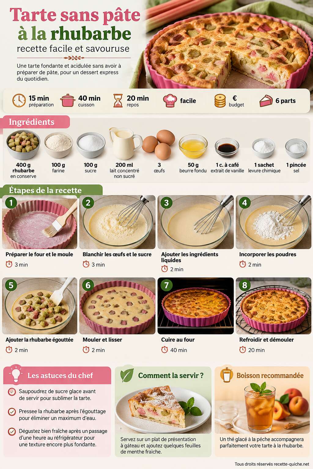Fiche recette Tarte sans pâte à la rhubarbe : recette facile et savoureuse Fiche recette Tarte sans pâte à la rhubarbe : recette facile et savoureuse