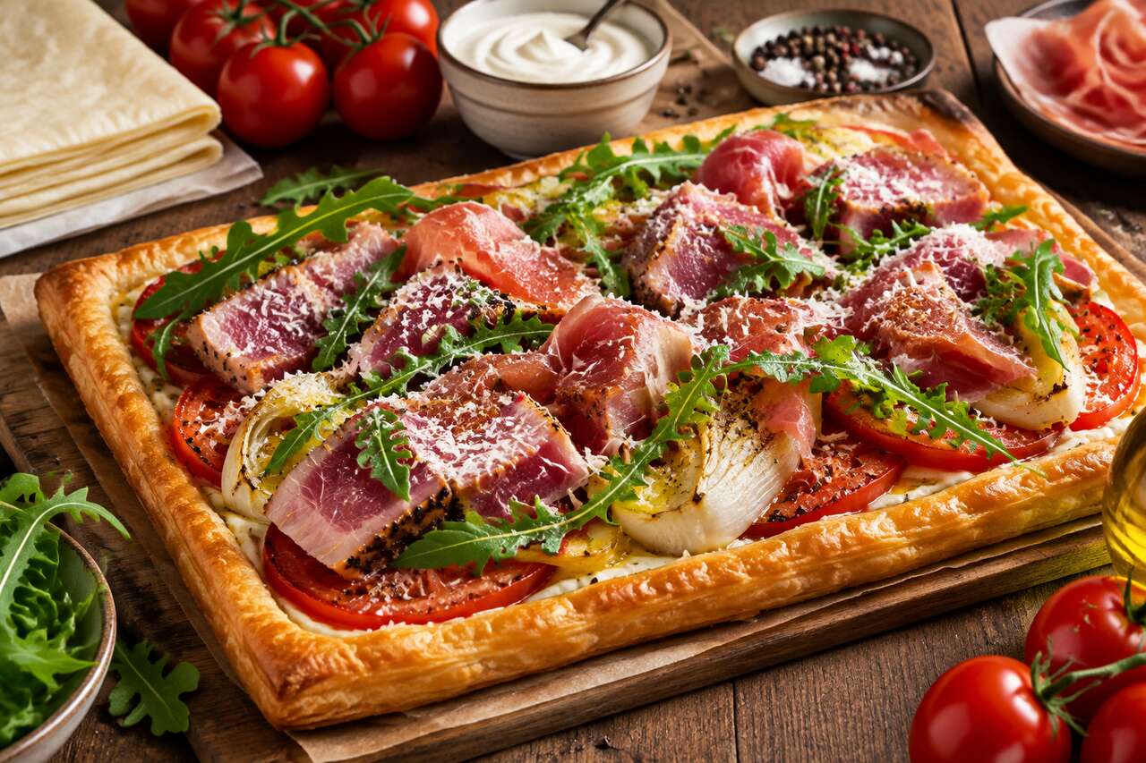 Tarte fine au thon, endives, tomates et jambon de Parme : recette délicieuse et facile