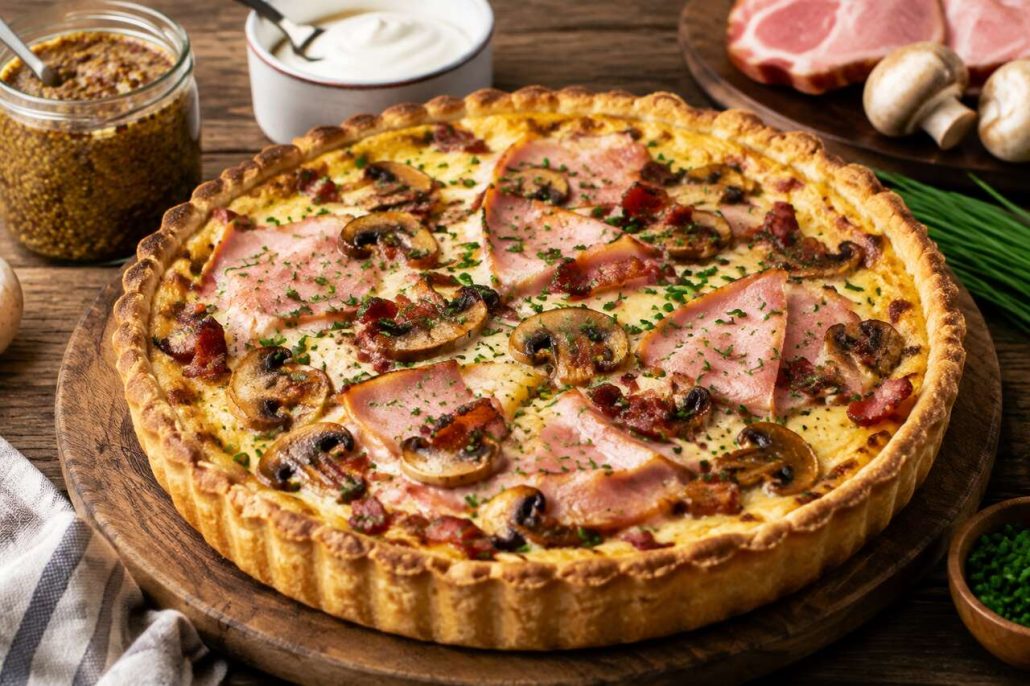 Tarte au jambon blanc, champignons, lardons et vin blanc : recette savoureuse