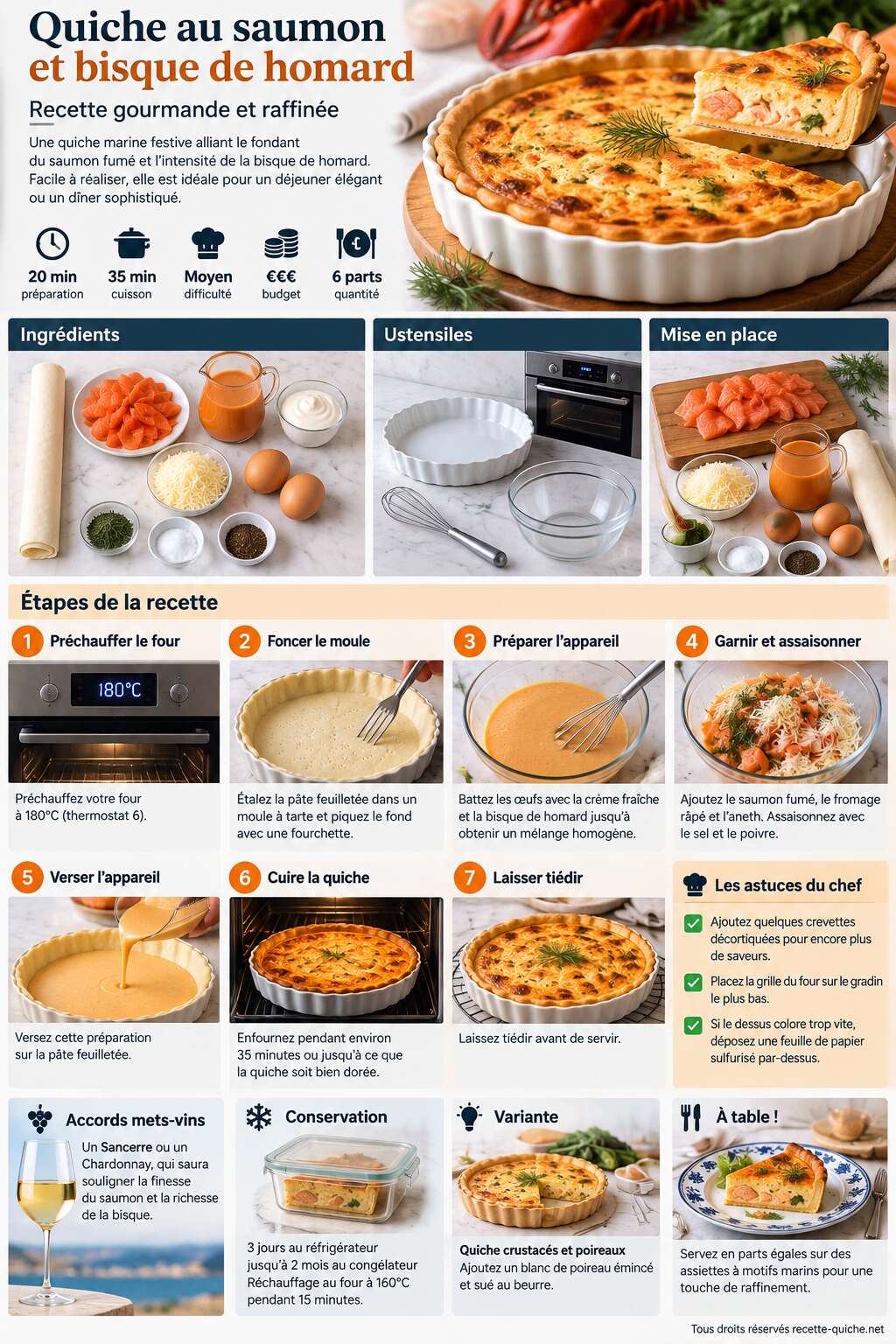 Fiche recette Quiche au saumon et bisque de homard : recette gourmande et raffinée Fiche recette Quiche au saumon et bisque de homard : recette gourmande et raffinée