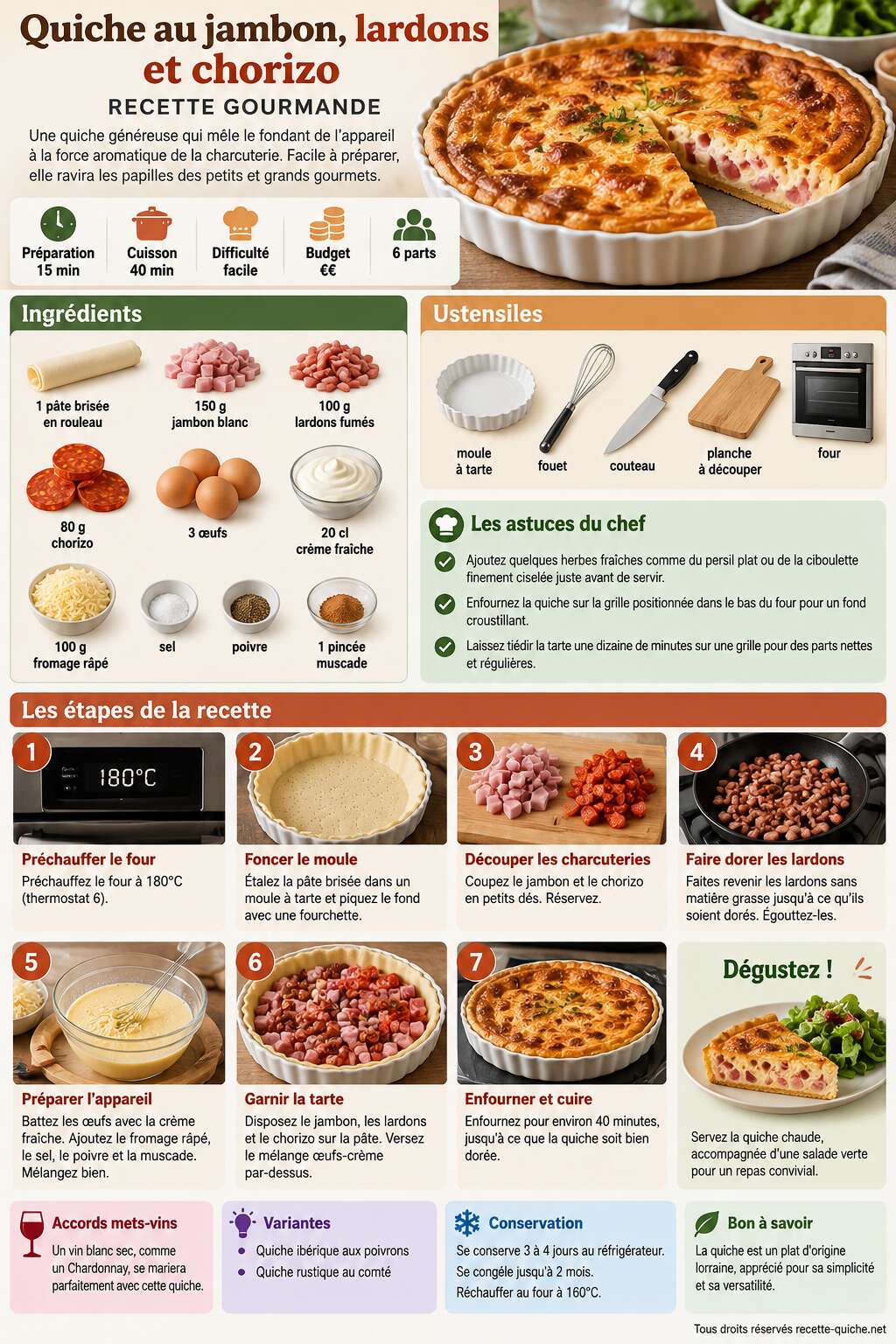 Fiche recette Quiche au jambon, lardons et chorizo : recette gourmande Fiche recette Quiche au jambon, lardons et chorizo : recette gourmande