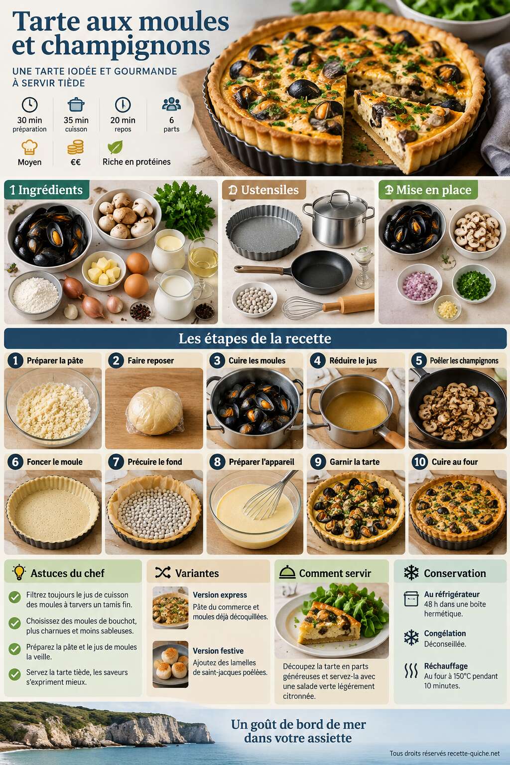Fiche recette Tarte aux moules et champignons : recette savoureuse Fiche recette Tarte aux moules et champignons : recette savoureuse