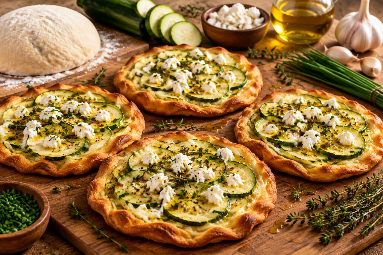 Mini pizzas courgette chèvre fines herbes