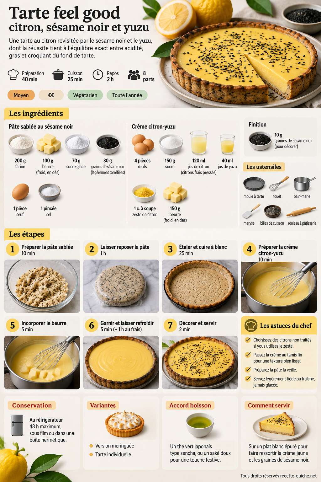 Fiche recette Recette tarte feel good : citron, sésame noir et yuzu Fiche recette Recette tarte feel good : citron, sésame noir et yuzu