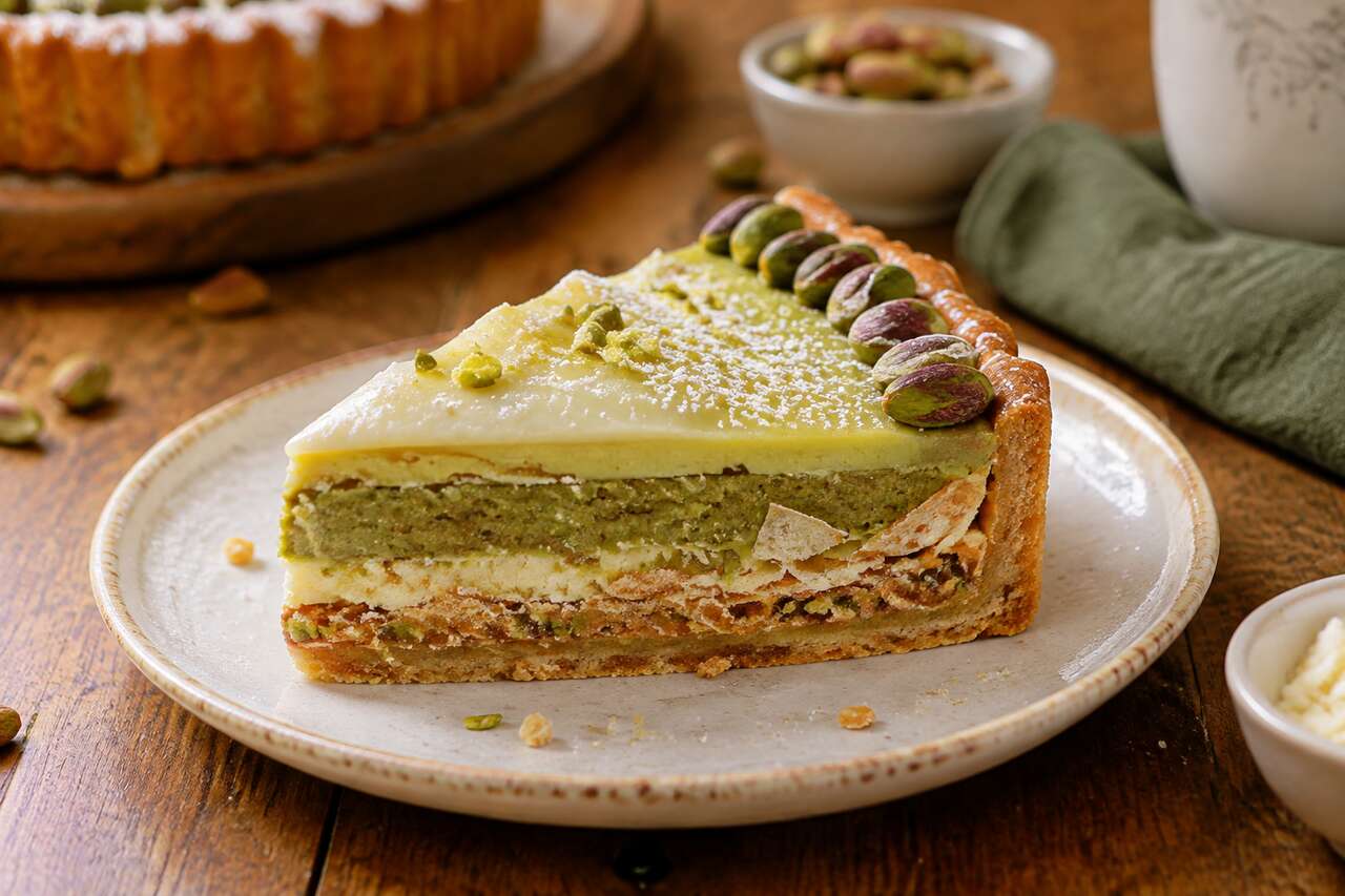 Tarte féerie pistache et croustillant praliné blanc