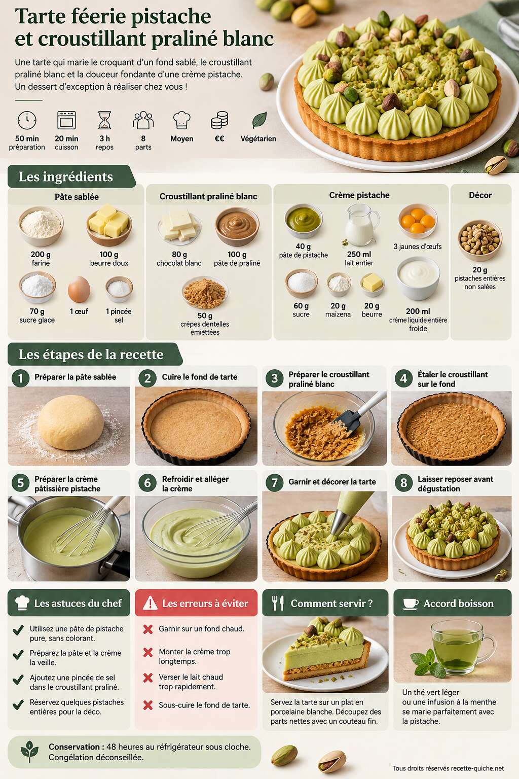 Fiche recette Tarte féerie pistache et croustillant praliné blanc Fiche recette Tarte féerie pistache et croustillant praliné blanc