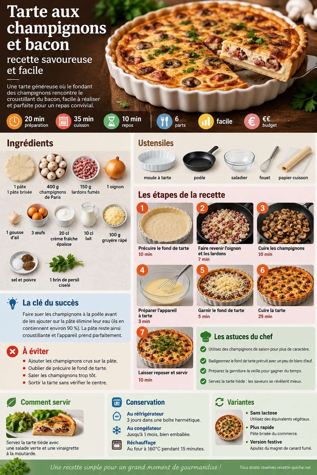 Fiche recette Tarte aux champignons et bacon : recette savoureuse et facile