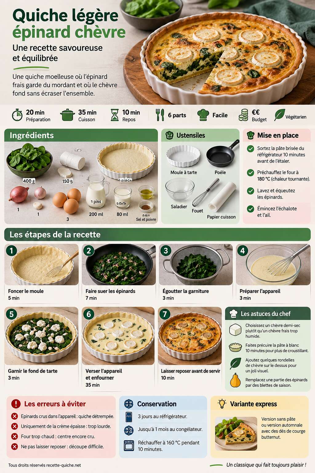 Fiche recette Quiche légère épinard chèvre : recette savoureuse Fiche recette Quiche légère épinard chèvre : recette savoureuse