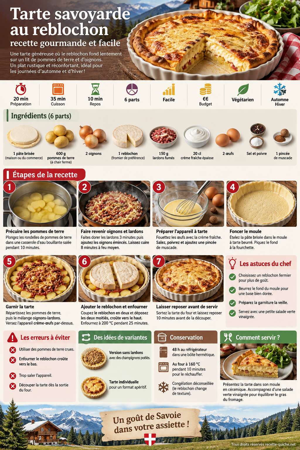 Fiche recette Tarte savoyarde au reblochon : recette gourmande et facile Fiche recette Tarte savoyarde au reblochon : recette gourmande et facile
