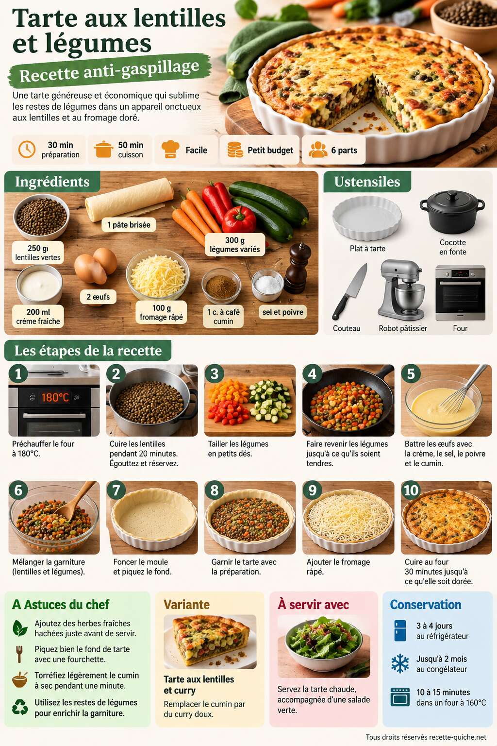 Fiche recette Tarte aux lentilles et l&eacute;gumes : recette anti-gaspillage