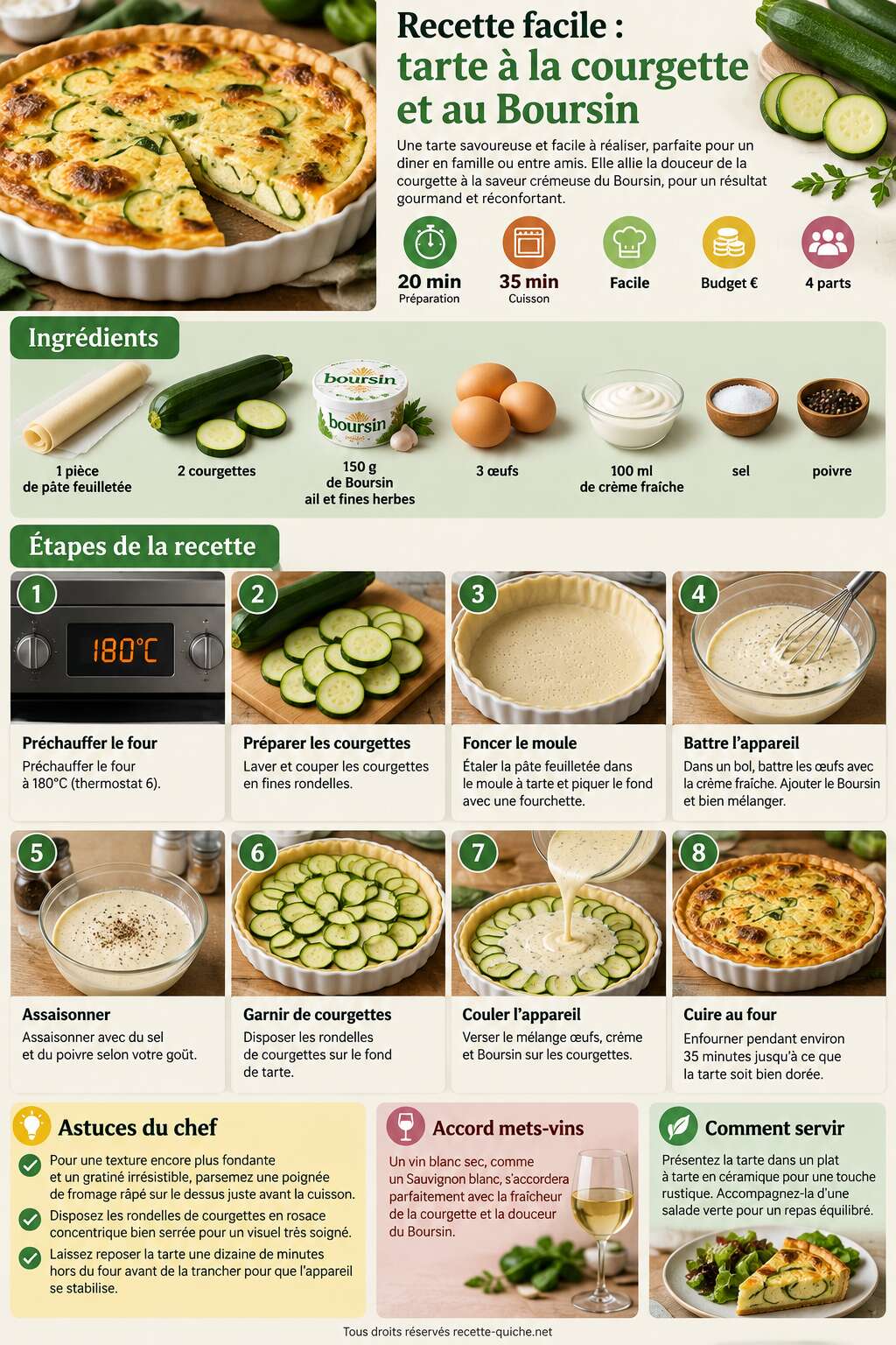 Fiche recette Recette facile : tarte à la courgette et au Boursin Fiche recette Recette facile : tarte à la courgette et au Boursin