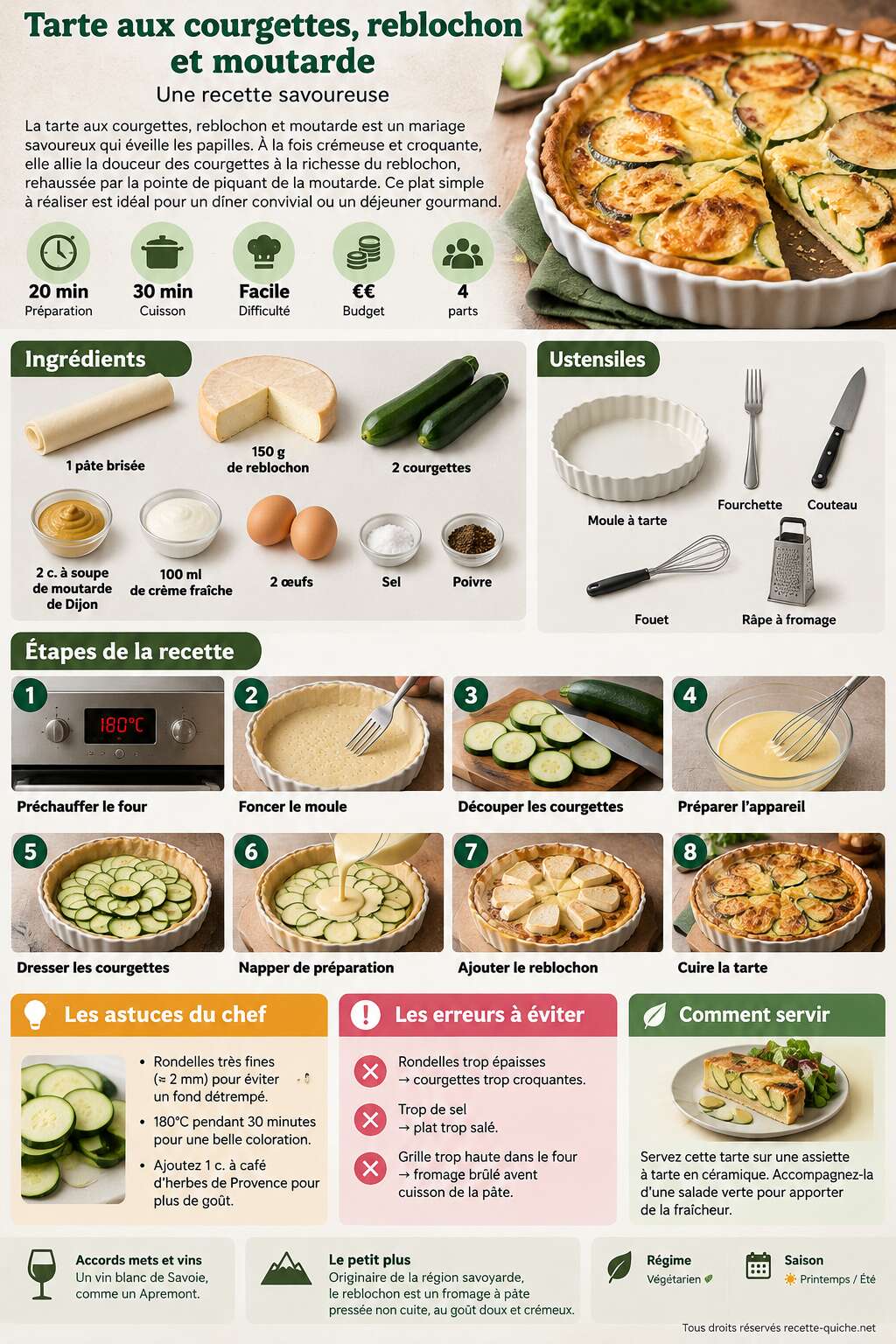 Fiche recette Tarte aux courgettes, reblochon et moutarde : recette savoureuse Fiche recette Tarte aux courgettes, reblochon et moutarde : recette savoureuse