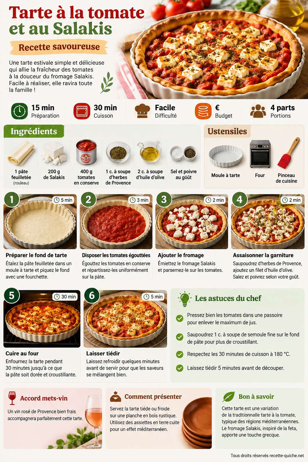 Fiche recette Tarte à la tomate et au Salakis : recette savoureuse Fiche recette Tarte à la tomate et au Salakis : recette savoureuse
