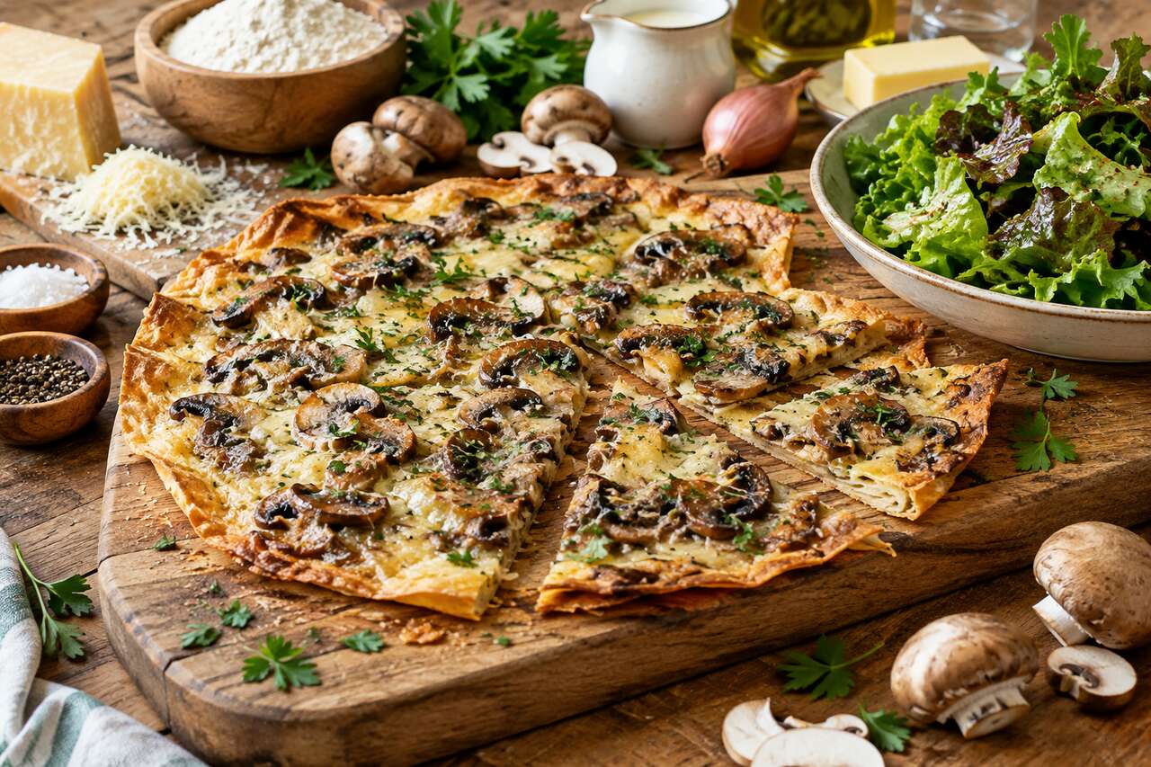 Tarte fine aux champignons et au Comté : recette gourmande