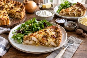 Tarte au poulet, oignons et fromages : recette savoureuse