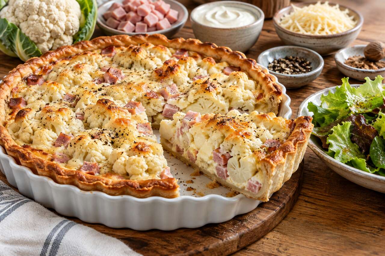 Tarte au chou-fleur, jambon et crème poivrée : recette savoureuse et facile