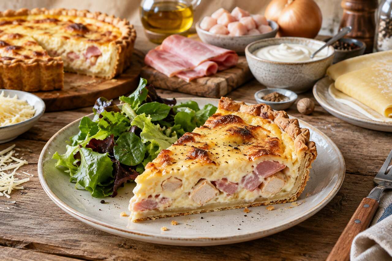 Tarte au fromage, jambon et poulet : recette savoureuse