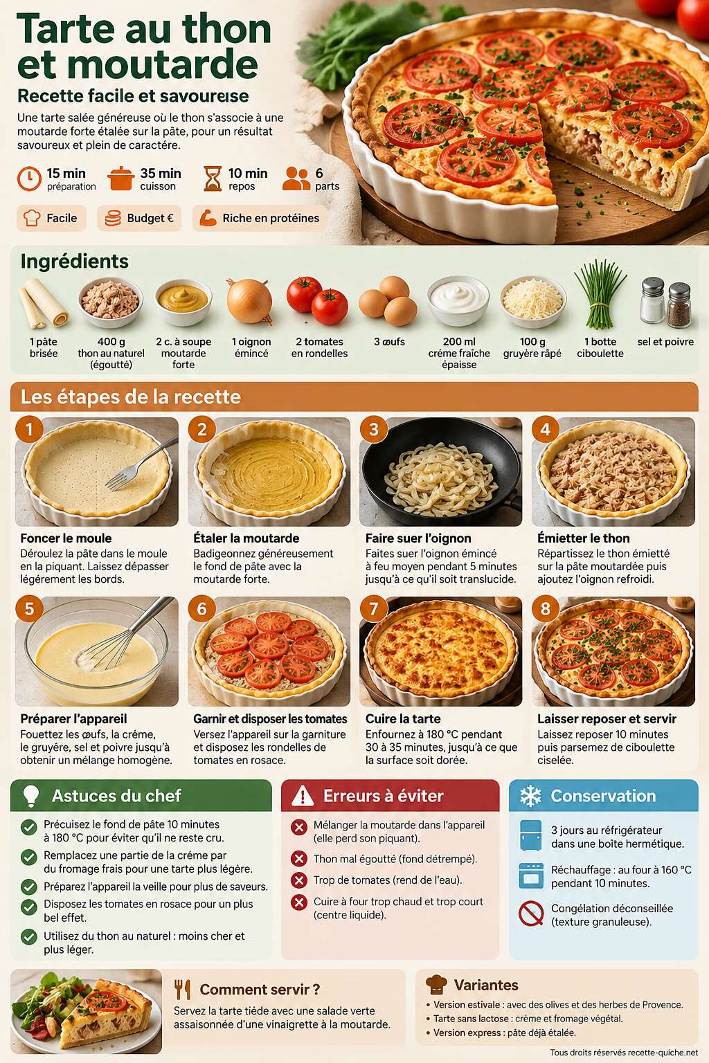 Fiche recette Tarte au thon et moutarde : recette facile et savoureuse Fiche recette Tarte au thon et moutarde : recette facile et savoureuse