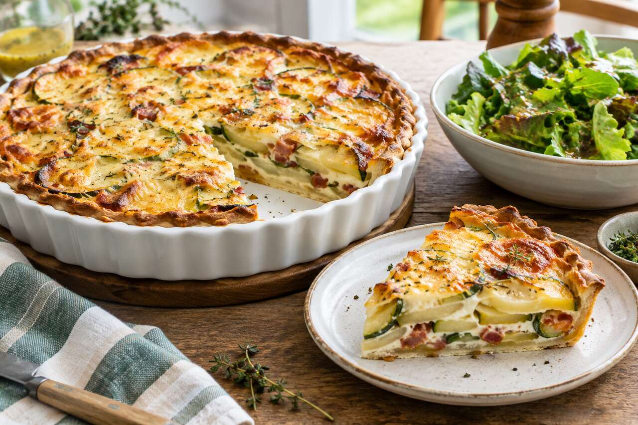 Tarte pommes de terre, courgettes, lardons et gruyère : recette savoureuse